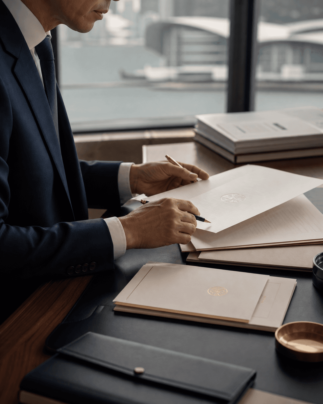 Corporate adviser reviewing governance documents in a Hong Kong office