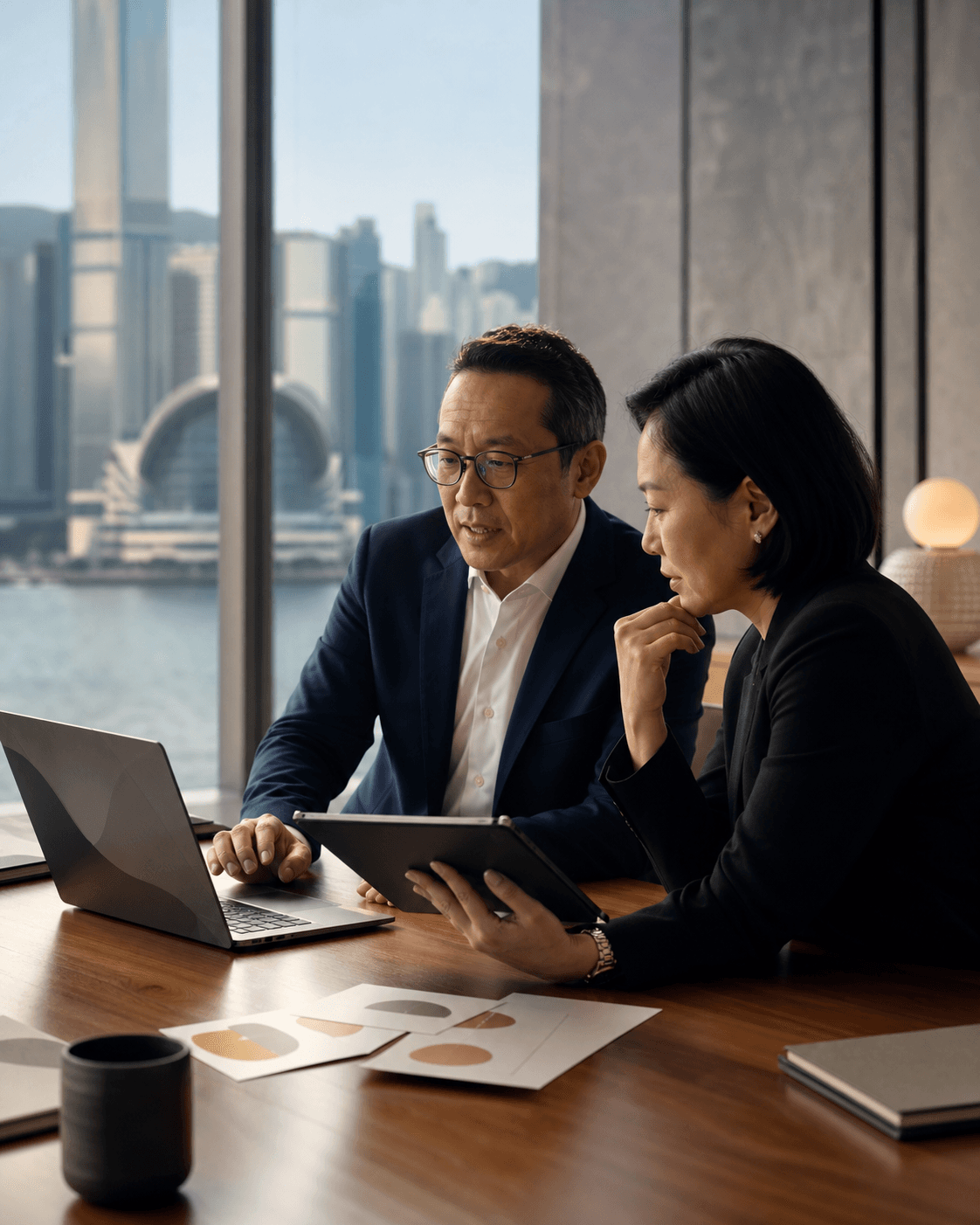 Technology advisers collaborating with a laptop and tablet in Hong Kong